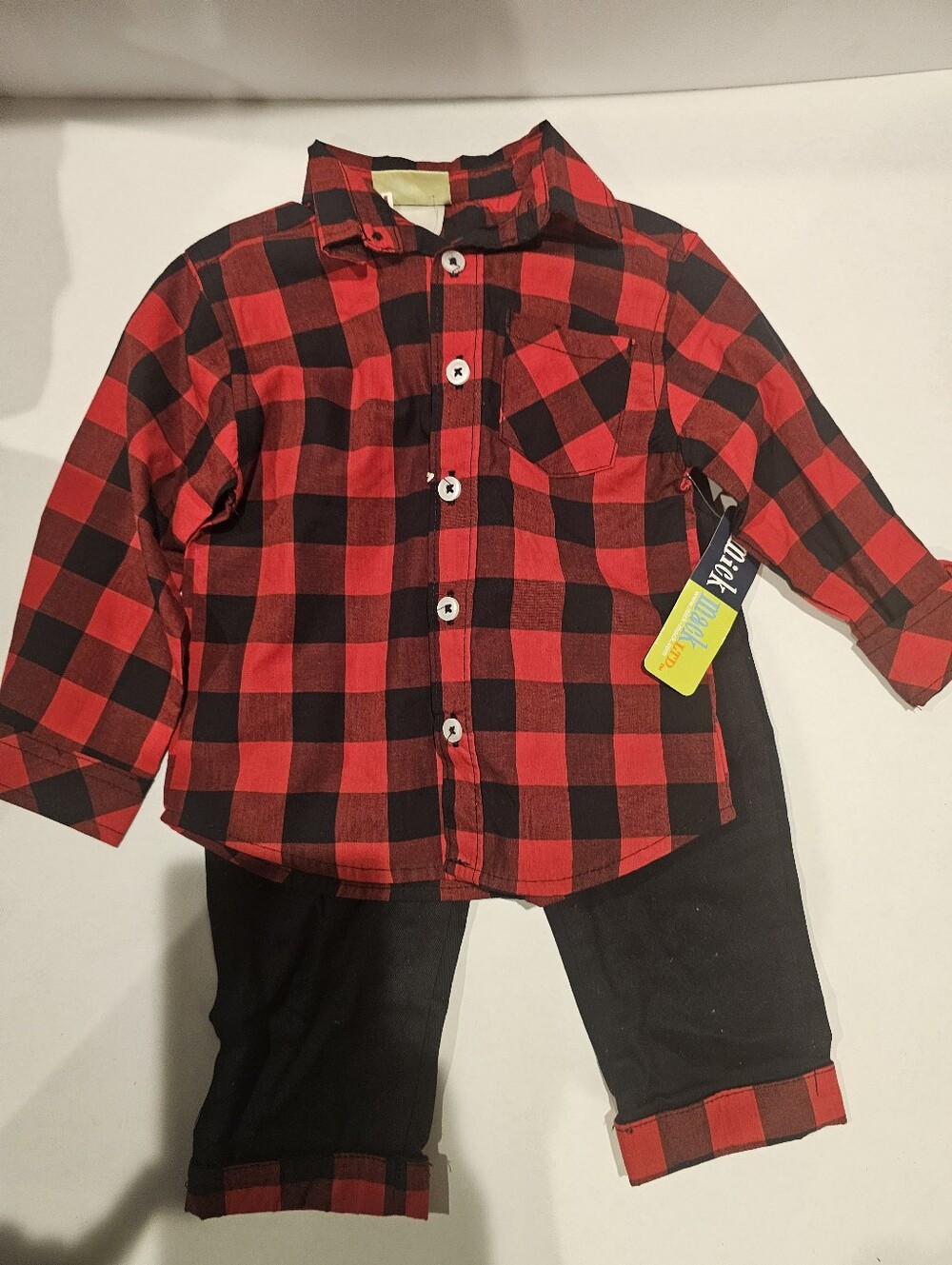 NWT | 18M | Mick Mack Kids | Red Black Buffalo Plaid Shirt & Pants 2-Piece Set